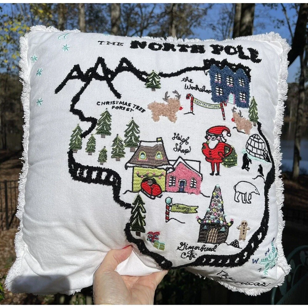 The North Pole Decorative Pillow Christmas Embroidered Santa Reindeer Americas